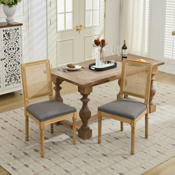 English Elm French Louis Dining Chair Set of 2 with Carved Solid Wood Frame, Rattan Back, Plush Foam Seating, 300lb Capacity Gray W1143P335057