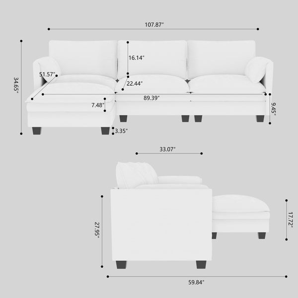 English Elm 107.8'' L-shaped Fabric Sectional Sofa with Movable Ottoman and Armrest Pockets W680S00044