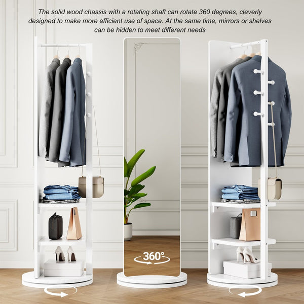 English Elm 360° Rotating Full Length Mirror with Coat Hooks Solid Rubberwood Frame White Bedroom W2987P289172