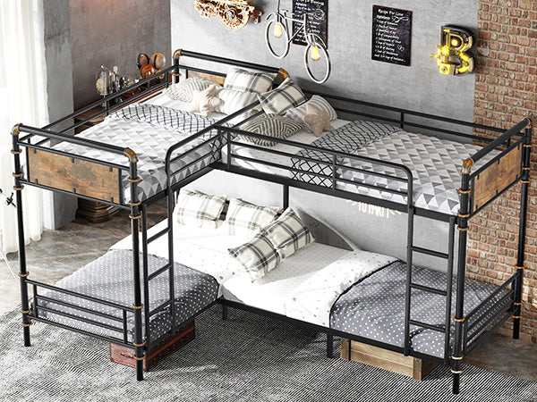 English Elm Quad Quad Bunk Bed for 4 Kids - Heavy Duty Metal Twin Frame, Detachable Triple Layout, Rustic Black Wood Finish, 250lb Capacity Each, Space-Saving Modular Design W2580S00020