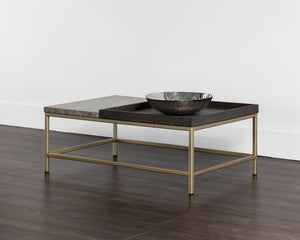 Sunpan Arden Rustic Coffee Table with Grey Marble Top, Solid Oak Tray, and Sleek Gold Iron Frame, 39.5"