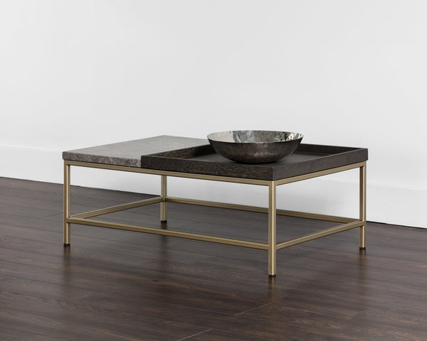 Sunpan Arden Rustic Coffee Table with Grey Marble Top, Solid Oak Tray, and Sleek Gold Iron Frame, 39.5"