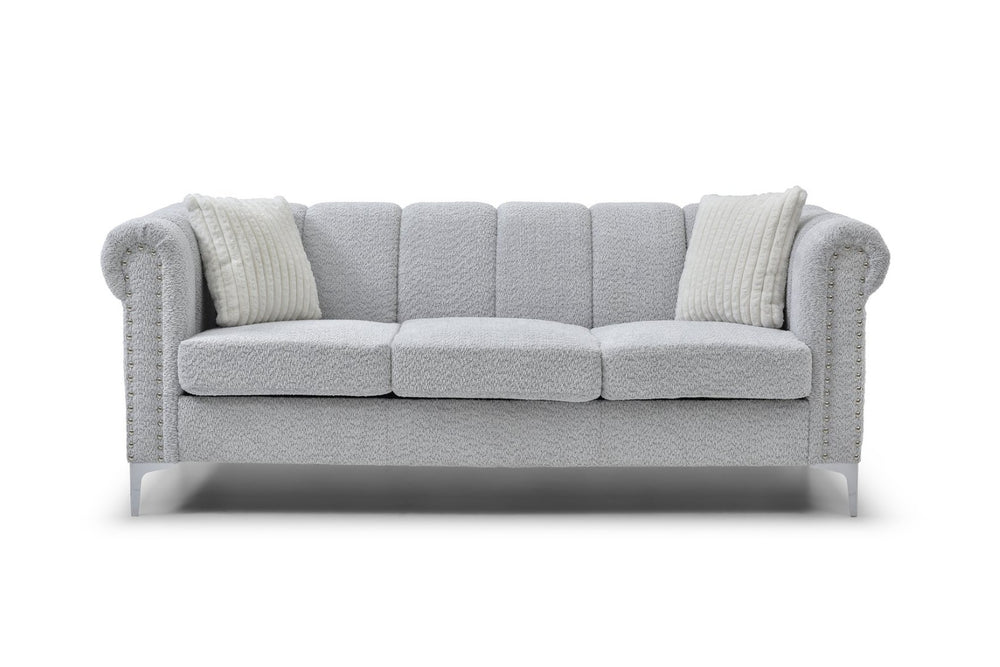 English Elm Sammy Rolled Arm Chenille Sofa with Chrome Nail Heads and Polished Steel Legs B078S00649