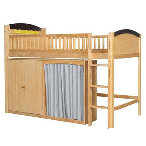 English Elm Twin Loft Bed with Wardrobe Cabinet Led Lighting and Pine Frame for Kids Rooms Wood N7090002235M