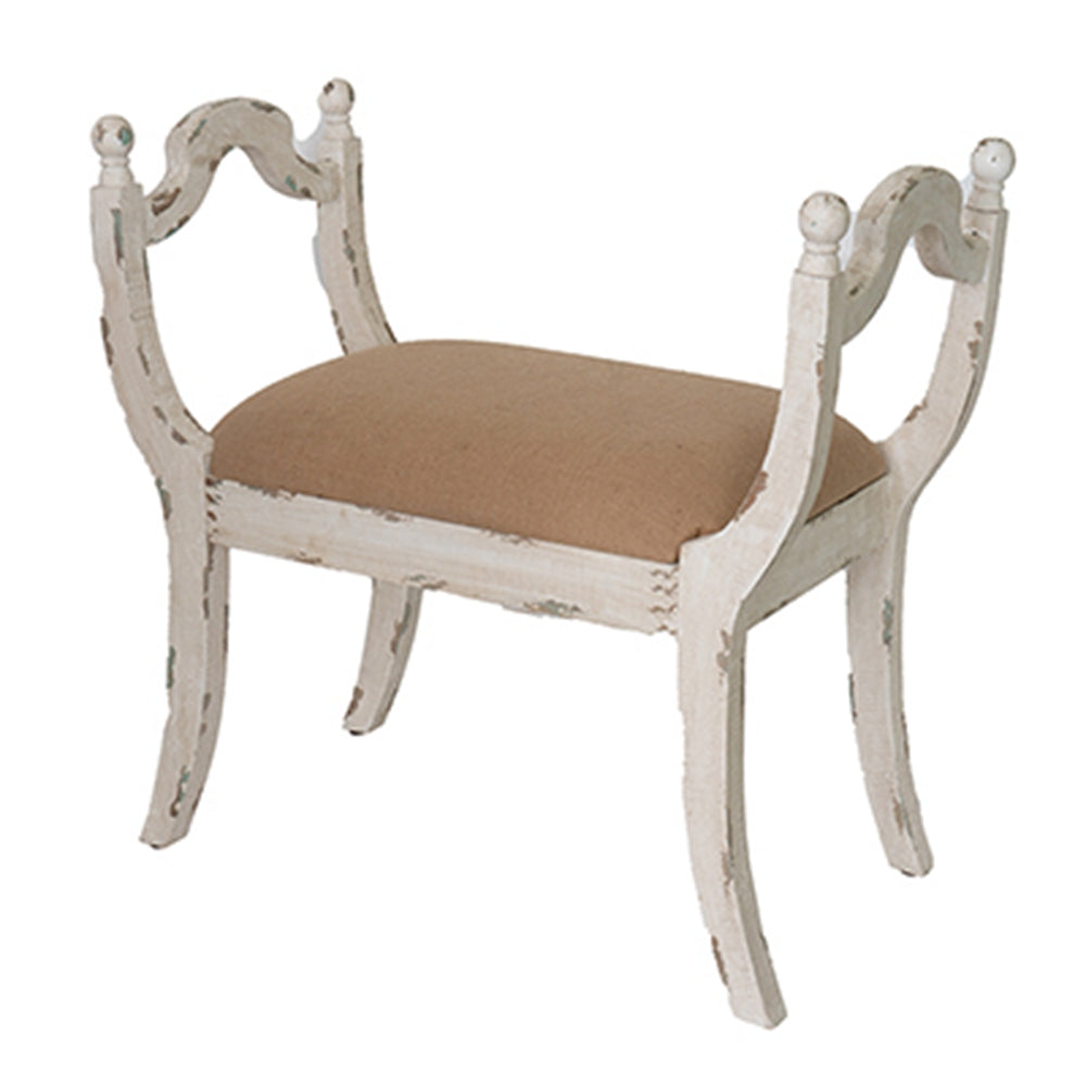 English Elm 30.7x15.7x30.7" Harlow Bench — Rustic Farmhouse Vanity Chair with Distressed White Finish & Burlap Upholstery W2078P186142