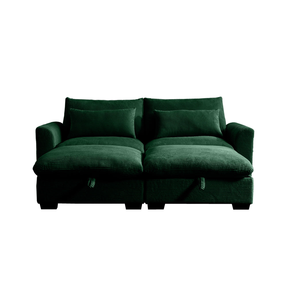 English Elm Corduroy Two-Seater Sectional Sofa With Storage Footrests - Comfy Modular Green Couch For Living Room W714S00668