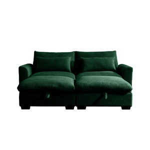 English Elm Corduroy Two-Seater Sectional Sofa With Storage Footrests - Comfy Modular Green Couch For Living Room W714S00668