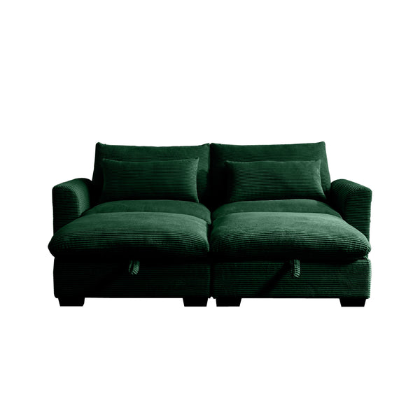 English Elm Corduroy Two-Seater Sectional Sofa With Storage Footrests - Comfy Modular Green Couch For Living Room W714S00668