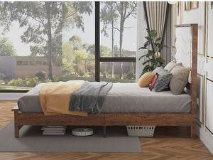 English Elm King Upholstered Bed Frame with LED Lights & Charging Station, Rivet Detail, Wood Slat Platform Brown Grey W636P176802