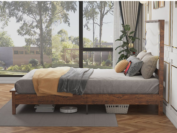 English Elm King Upholstered Bed Frame with LED Lights & Charging Station, Rivet Detail, Wood Slat Platform Brown Grey W636P176802