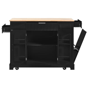 English Elm K&k Rolling Kitchen Island Rubber Wood Top Fluted Cabinet Built-in Charging Station Black N707S221571B