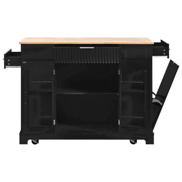 English Elm K&k Rolling Kitchen Island Rubber Wood Top Fluted Cabinet Built-in Charging Station Black N707S221571B