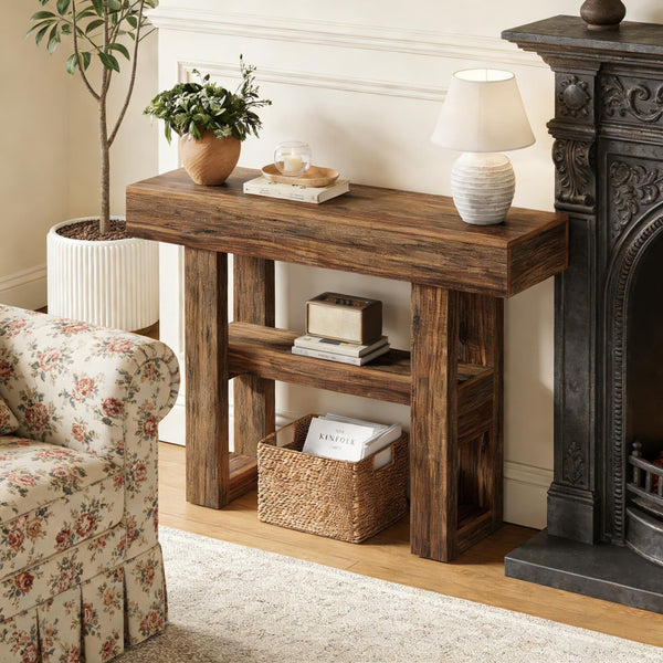 English Elm Entryway Console Table Two Tier Open Shelf Farmhouse Sofa Vintage Brown Finish T3971P460506