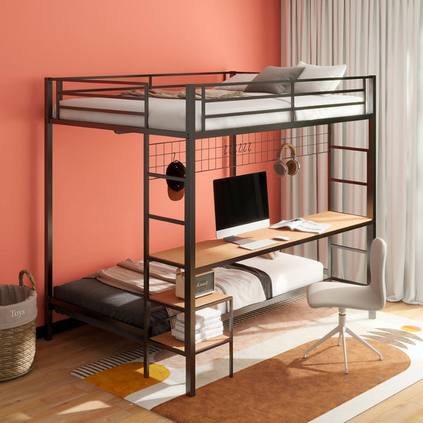 English Elm Metal Full Over Twin Bunk Bed with Integrated Desk Powder Coated Steel Frame Matte Black B016P464453