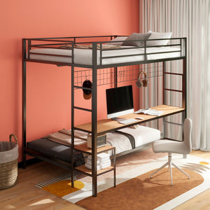 English Elm Metal Full Over Twin Bunk Bed with Integrated Desk Powder Coated Steel Frame Matte Black B016P464447