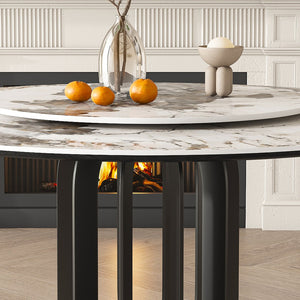 English Elm 53" Round Sintered Stone Dining Table With Lazy Susan, Black Steel Base - Stylish & Durable Design W2699S00040