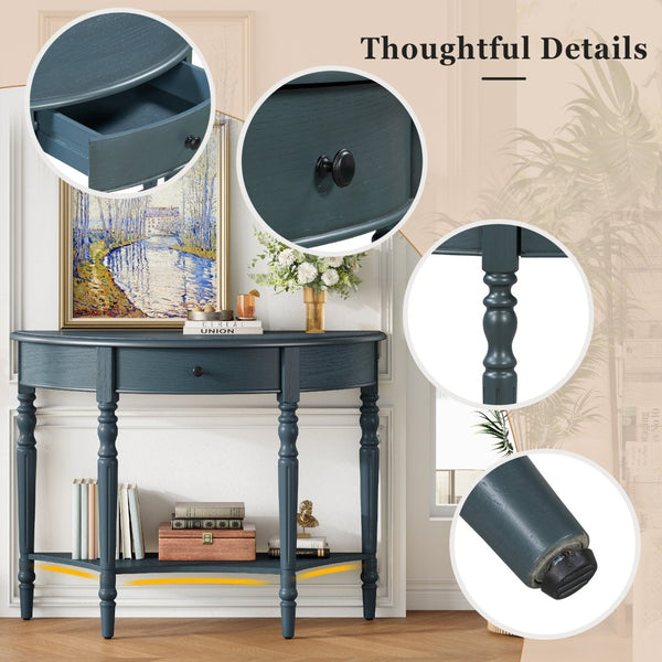 English Elm Trexm Farmhouse Half Moon Entryway Console with Drawer Open Shelf Pine Legs Navy N715P383795M