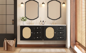 English Elm 30" Mid-Century Bathroom Vanity with Ceramic Sink, Rattan Accent, 2 Soft-Close Drawers, Large Storage Space N710P265954B