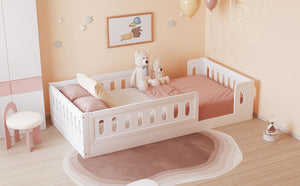 English Elm Wood Twin Size Platform Bed with Guardrail — Sturdy Pine & MDF Construction, Safe Low-Profile Design for Kids White N709P180836K