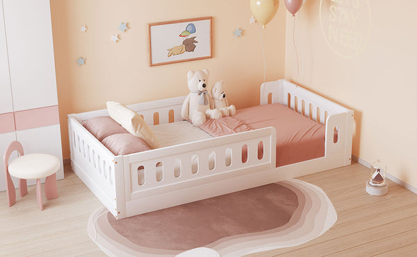 English Elm Wood Twin Size Platform Bed with Guardrail — Sturdy Pine & MDF Construction, Safe Low-Profile Design for Kids White N709P180836K