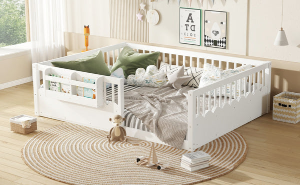 English Elm Queen Low Profile Kids Floor Bed with Guardrails Bookshelf and Pine Wood Frame White W1580P373142