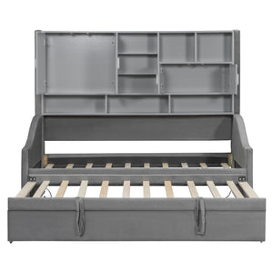 English Elm Twin Upholstered Daybed with LED Armrest Lighting, Hidden Storage Shelves & Lift-Up Pull-Out Trundle Gray SF000198AAE