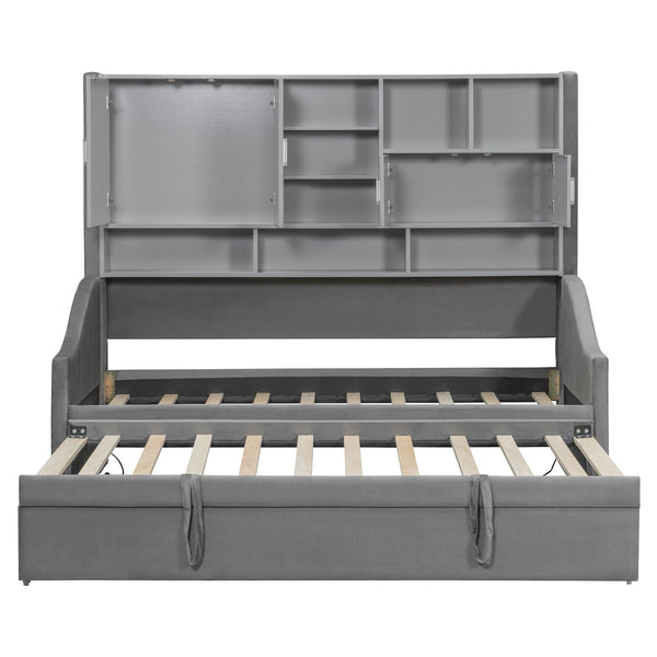 English Elm Twin Upholstered Daybed with LED Armrest Lighting, Hidden Storage Shelves & Lift-Up Pull-Out Trundle Gray SF000198AAE