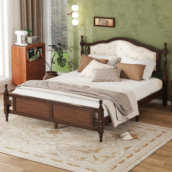 English Elm Queen Pine Upholstered Headboard Bed in Walnut — Modern Minimalist Queen Platform with Dual Support Feet, Space-Saving Design W504P268435