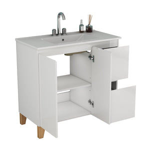 English Elm 36-inch Glossy White Bathroom Vanity with Ceramic Sink Soft Close Drawers Minimalist W3151S00074