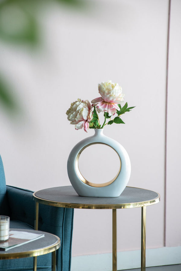 English Elm 11x3.1x12" Round Vase White/Gold — Modern Open-Center Ceramic Accent with Narrow Neck, Sleek Tabletop Decor W2078P391071