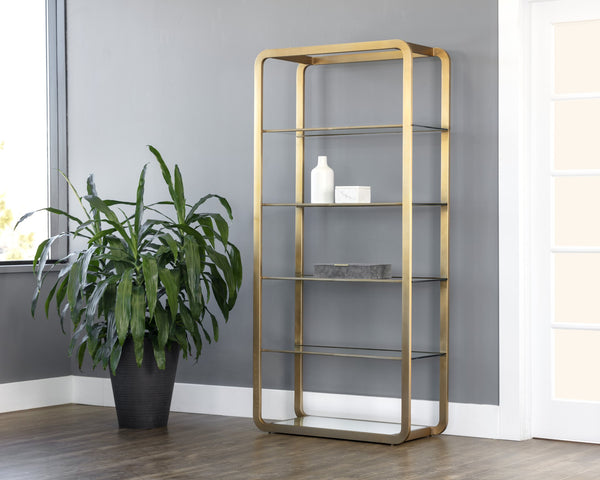 Sunpan Ambretta Bookcase: Elegant Modern Design with Glass Shelves and Mirrored Bottom for Stylish Storage Large - 34W x 15D x 72H