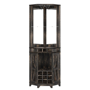 English Elm 67.3" Farmhouse Corner Bar Cabinet Led Lit Wine Storage with Built-in Power Outlets N735P361429D