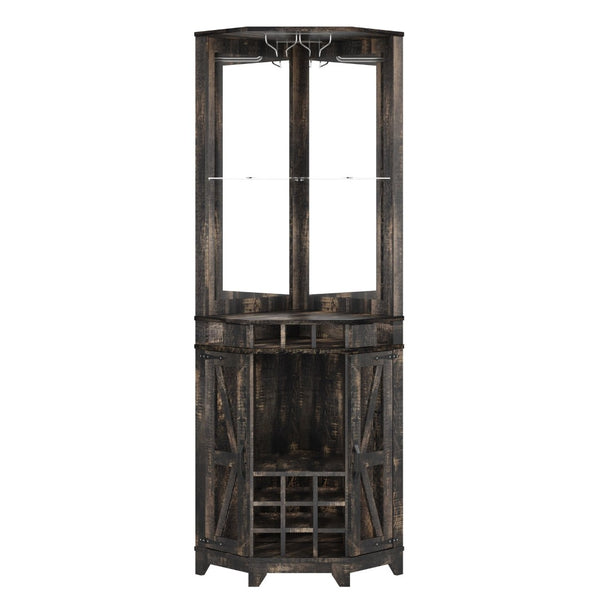 English Elm 67.3" Farmhouse Corner Bar Cabinet Led Lit Wine Storage with Built-in Power Outlets N735P361429D