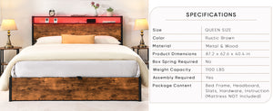 English Elm Lift-Up Storage Bed Frame - Stylish Queen Platform Bed With Charging Station, Led Lights & Bookcase Headboard W1916P184705