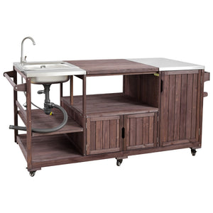 English Elm K&k Solid Fir Outdoor Kitchen Island with Sink Stainless Steel Top and Grill Cutout Brown N707S000022Z