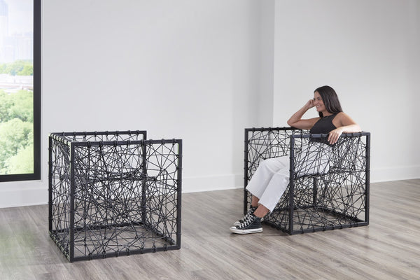 Entropy Chair - Unique Modern Organic Seating with Metal Structure and Black Cord Spider-Web Design
