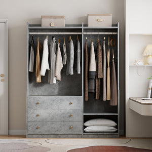 English Elm Open Open Wooden Wardrobe with 2 Rods, 5 Shelves & 3 Drawers — Modern Gray White Storage Solution N820S00021E