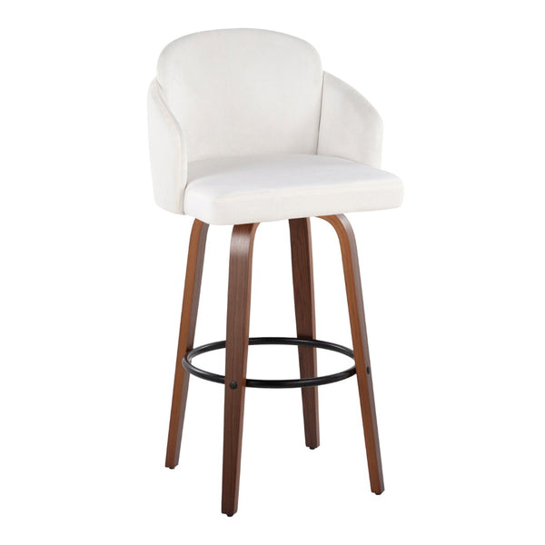 English Elm Fixed-height Mid-century Barstools with Walnut Legs and Grey Upholstered Seats Set Cream B202S01905