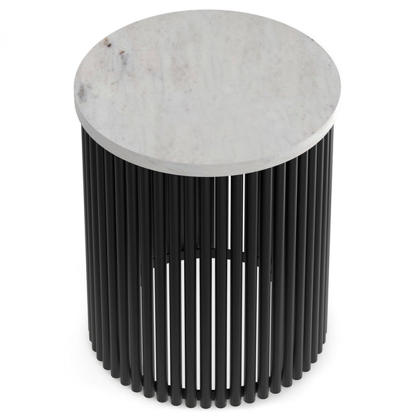 English Elm Demy White Marble Accent Table with Black Slatted Metal Base, Compact Round End Table, 21" H B136P159934
