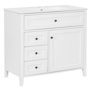 English Elm 36-Inch White Bathroom Vanity With Sink, Modern Mdf & Rubberwood, 3 Drawers & Adjustable Shelf Storage N725P350821K