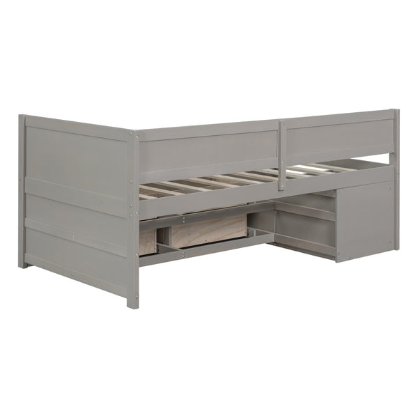 English Elm Twin Daybed with Two Pull Out Drawers and Open Shelves for Small Bedroom Storage Gray LP102022AAE