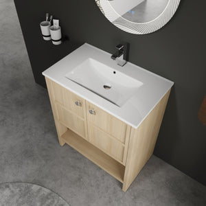 English Elm 30" Freestanding Bathroom Vanity with Ceramic Sink, Oak Plywood Finish, Soft-Closing Doors, Open Shelf W1972S00024