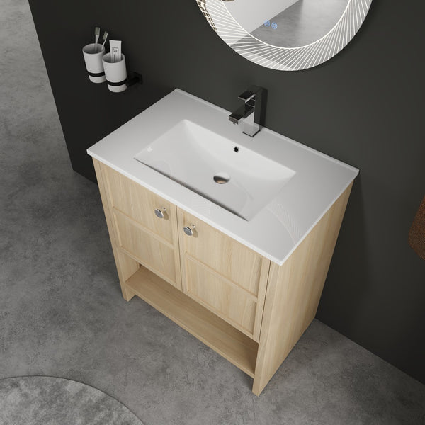 English Elm 30" Freestanding Bathroom Vanity with Ceramic Sink, Oak Plywood Finish, Soft-Closing Doors, Open Shelf W1972S00024