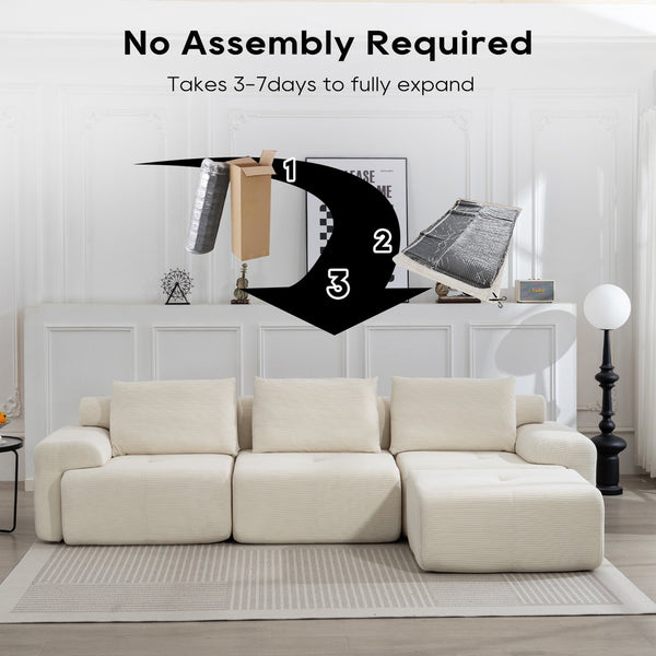 English Elm L-Shaped Convertible Sectional Sofa with Memory Foam, Steel Frame, No Assembly, Corduroy Comfort White W2959S00018