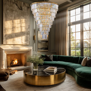 English Elm 48-Inch Gold Tiered Crystal Chandelier — 45-Light E12, 580 Crystal Rods, Mirror Finish, Dramatic Foyer Statement W2869S00030