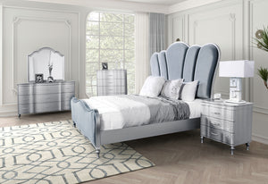 English Elm Lovely Art Deco 3pc Queen Bedroom Set with Light Gray Padded Channel Headboard and Oak Veneer Accents Silver 96 L x 53 W x 6 H B2741S00200