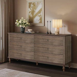 English Elm 6-drawer Wide Dresser Burnt Wood Grain Finish Copper Handles Roman Column Legs Bedroom Deep Rustic Brown W1445S00003