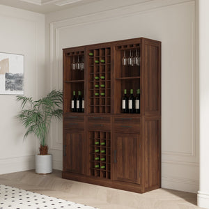 English Elm brown walnut modular wine bar cabinet with hutch – versatile buffet storage, drawer, shelf & display for dining room W331P213375