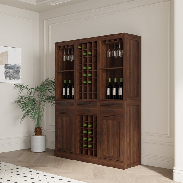 English Elm brown walnut modular wine bar cabinet with hutch – versatile buffet storage, drawer, shelf & display for dining room W331P213375