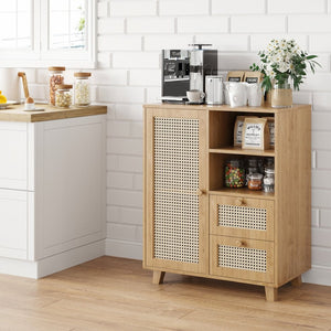 English Elm Rattan Cane Front Sideboard with Drawers Adjustable Shelf Bohemian Storage Cabinet Natural T3623P434728